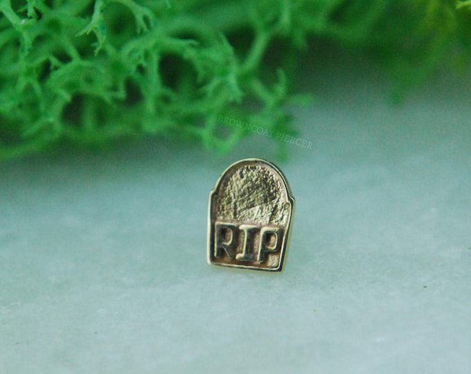 14k Yellow Gold "RIP" Tombstone threadless attachment - Push fit end, Halloween gravestone