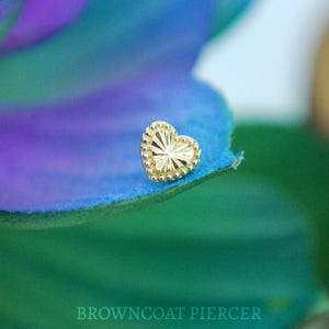 May include: A gold-colored heart-shaped stud earring with a textured surface. The earring has a sunburst design in the center and a beaded border. The image is set against a blurred background of blue, green, and purple.