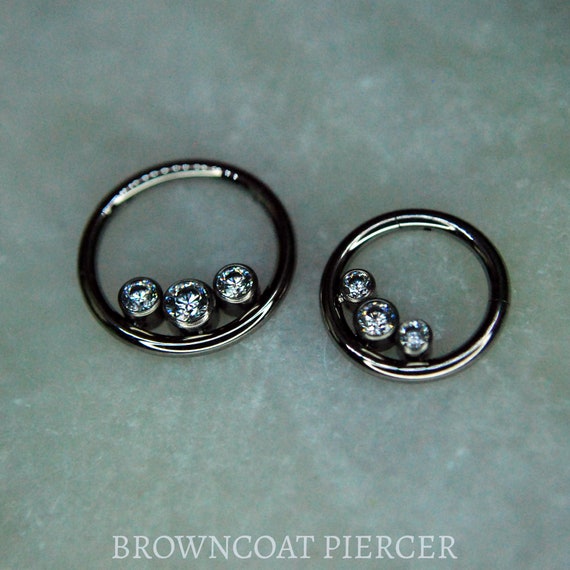 Triple Inner Gem Titanium Hinged Segment Ring - Clicker- Daith, Septum, Helix, Nostril, earlobe, Etc.