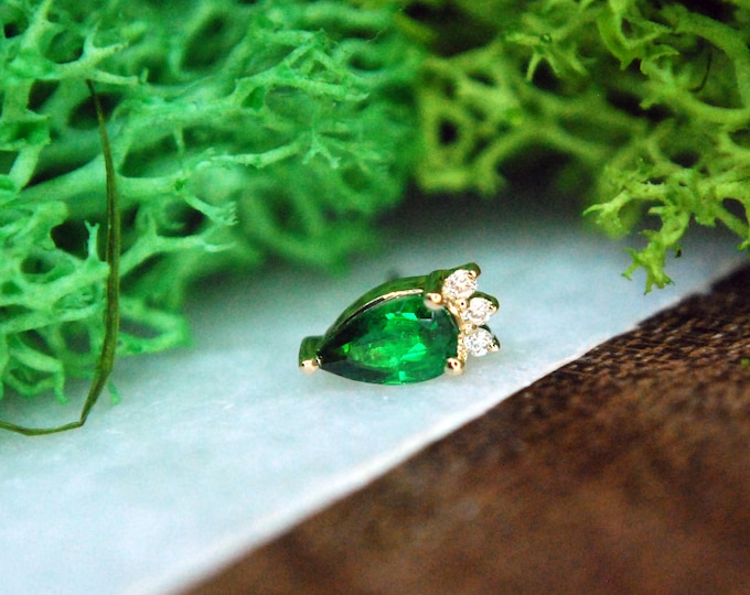 14k Yellow Gold "Leia"  threadless attachment - Pear Tsavorite Green Garnet and Diamond - Push fit end