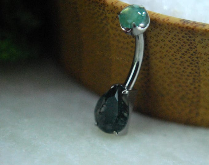 Titanium Moss Agate Prong Set Double Gem Teardrop Navel Belly Bar