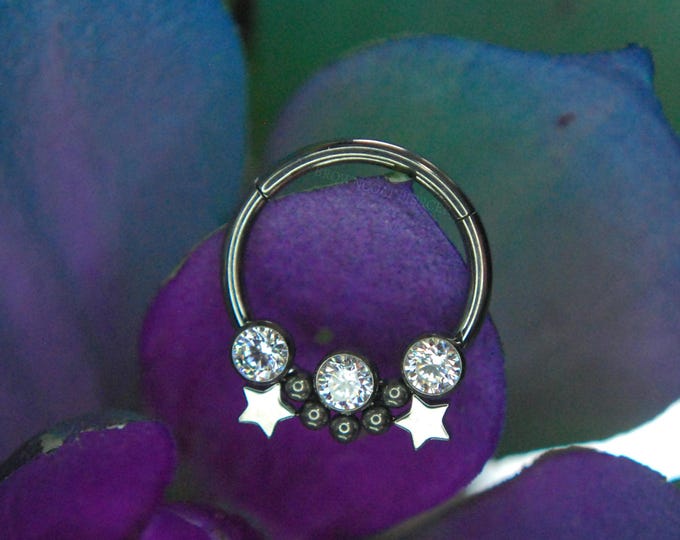 Titanium Starstruck Clicker Ring with CZ Gems - 16ga, hinged, Segment ring