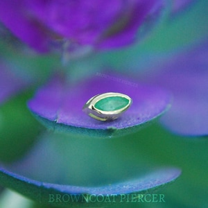 以下が含まれることがあります： 金色のマーキス型のピアススタッドで、中央に緑色の宝石が付いています。ジュエリーは、紫と緑の葉のぼやけた背景に配置されています。「BROWNCOAT PIERCER」というテキストが表示されています。