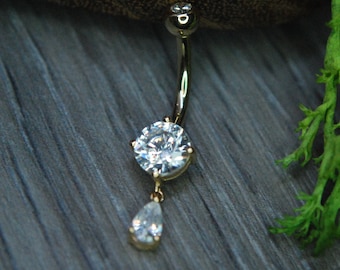 Solid 14 Karat Yellow Gold Navel Bar- Prong Set Dangle CZ - Internally threaded