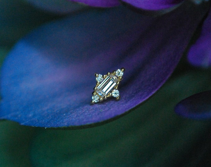 Solid 14k Yellow Gold Gemmed Baguette Threadless End - Crystal CZ - Cubic Zirconia