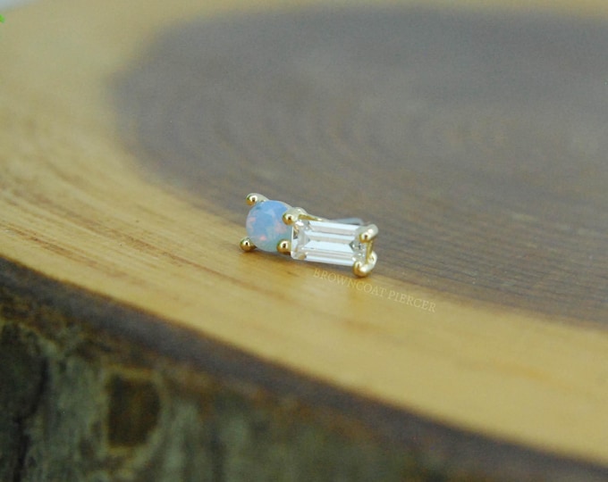 Solid 14k Yellow Gold Baguette with Opalite Threadless End - Crystal CZ - Cubic Zirconia, Opalite, Push fit
