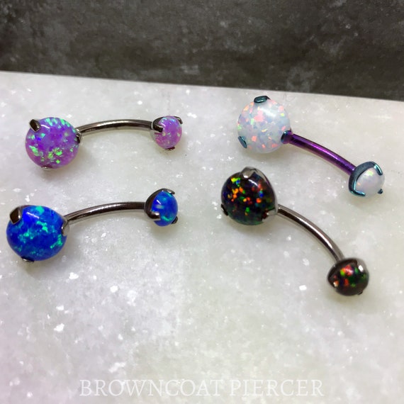 Titanium Prong Set Double Opal Navel Belly Bar - Multiple Colours