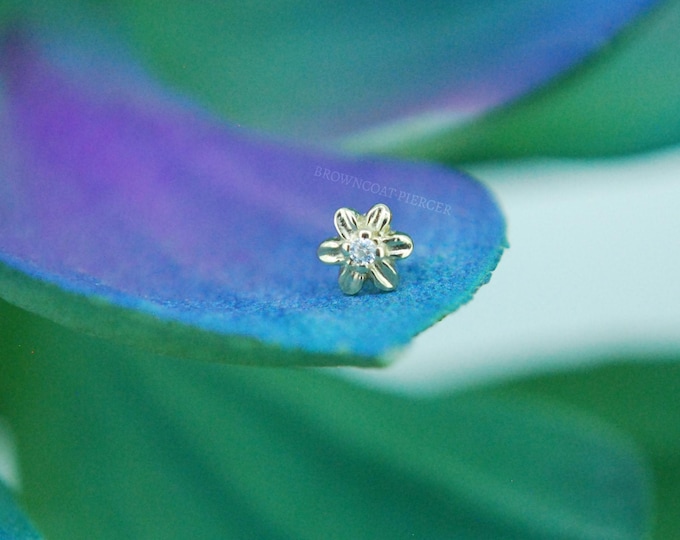 Solid 14k Yellow Gold Daisy Flower End Threadless End - CZ gem - Push Fit attachment