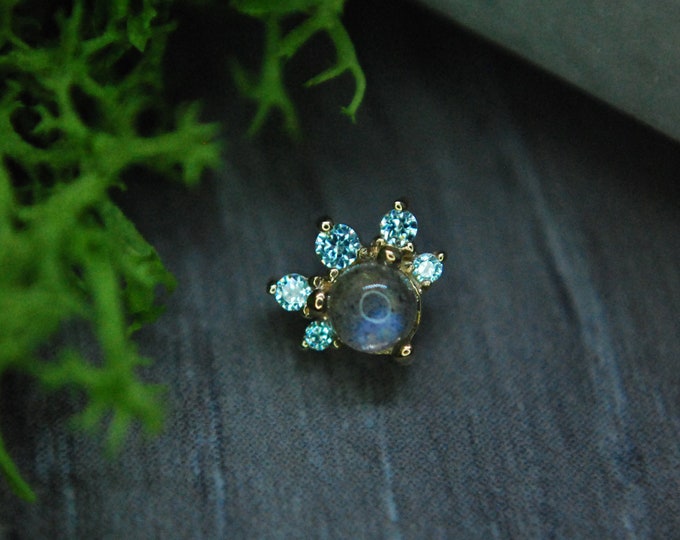 BVLA - 14k Yellow Gold "Anaya" 5.5mm  Internally Threaded attachment -Labradorite Cabochon & Cyan Cubic Zirconia - CZ - 1.2mm / 16ga