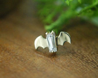 14k Yellow Gold "Batguette" Bat and Baguette Cubic Zirconia threadless attachment, CZ Gem