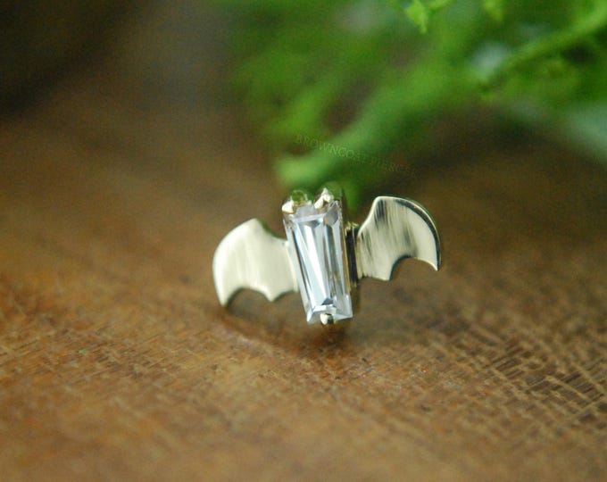 14k Yellow Gold "Batguette" Bat and Baguette Cubic Zirconia threadless attachment - Push fit end, CZ Gem