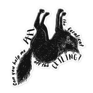May include: Black and white illustration of a cat hanging upside down from the ceiling. The cat has a third eye and the text reads "Can you help me peel the feral cat off the ceiling?"