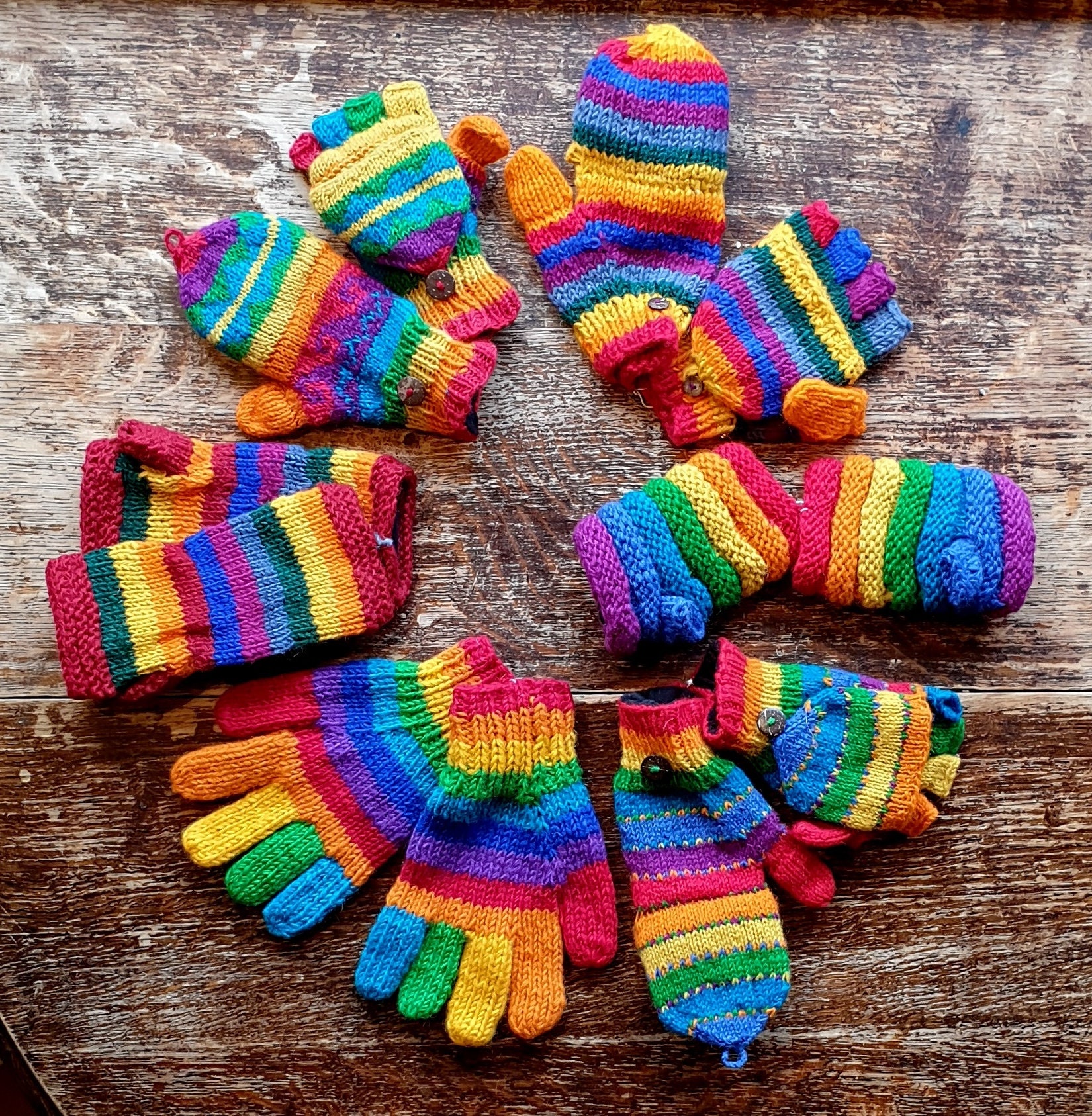 GLOVES MITTENS CAP Fingerless Arm Warmer Hand Warmers Fleece Lined Handmade Nepal Wool Knit Hunter Glove