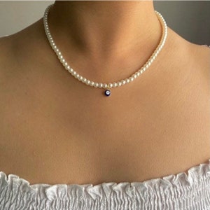 Evil eye pearl beaded choker necklace | dainty handmade jewellery