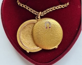 Antique 14ct Gold Locket Necklace with Diamonds and Rubies