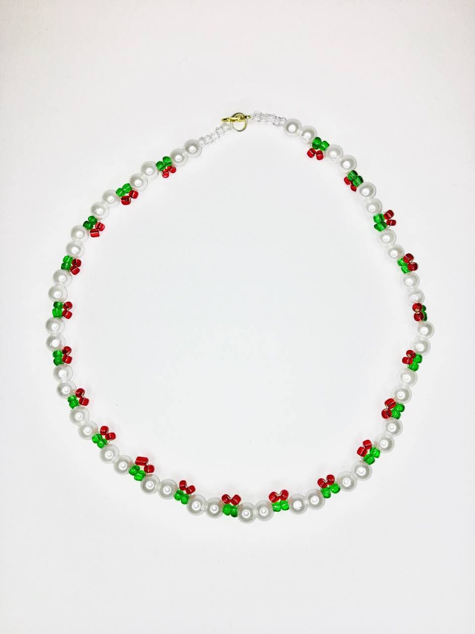 Handmade beaded cherry necklace with pearl beads in vintage Etsy