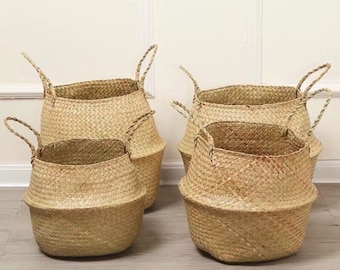 Large Seagrass Belly Plant Basket Storage Basket Wicker Basket With Lid Handmade Woven Vietnamese Natural Large Size