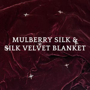 May include: A deep burgundy silk velvet blanket with white embroidered stars. The blanket is folded and has a soft, luxurious texture. "MULBERRY SILK & SILK VELVET BLANKET" is written in white text on the blanket.