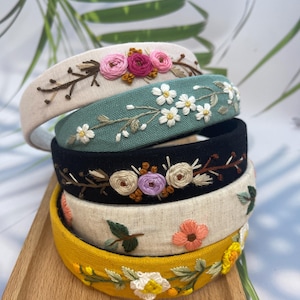Flower Hand Embroidered Headband, Floral Linen Headband, Handmade Vintage Headband Accessory, Boho Wedding Headpiece, Gift for Her