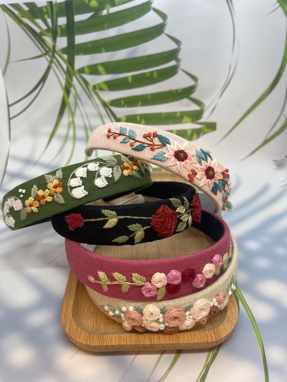 Floral Embroidered Headband - Beige, Pink, Green Floral Knot Headbands | Floral Headbands | Twine and Love main image 3