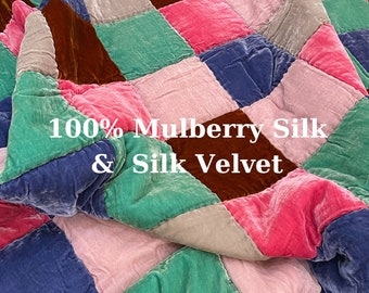 Silk Velvet Throw Blanket Quilt | Unique Natural 100% Silk Luxury Silk Velvet Bedding | Housewarming Gift, Christmas Gift