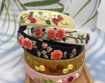 Handgeborduurde linnen hoofdband met bloemen | Geborduurde hoofdband | Daisy-hoofdband | Linnen haar vrijgezellenfeest | Dameshoofdband | Kerstcadeau