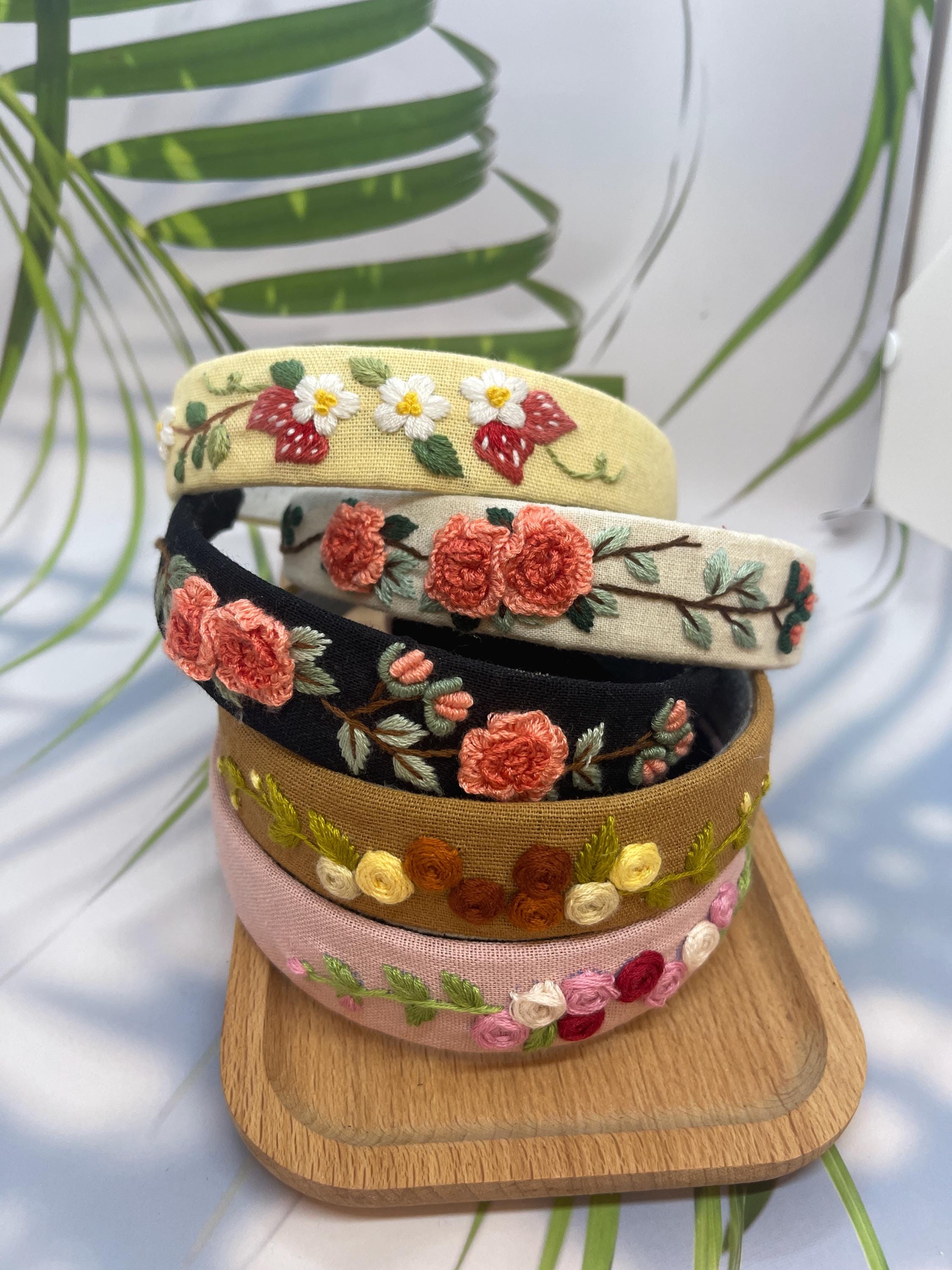 Hand Floral Embroidered Linen Headband | Embroidered Headband