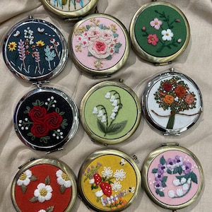 Hand Embroidered Compact Mirror, Mini Pocket Mirror, Travel Makeup Mirror, Vintage Gift Compact Mirror, Gift for Her, Bridesmaid Gift