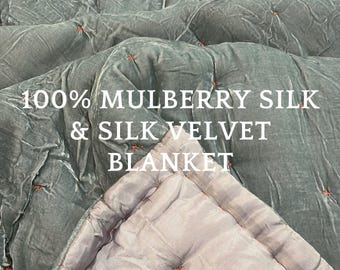 100% Mulberry Silk Velvet Throw Blanket Quilt, Velvet Spread Luxury Silk Velvet Bedding, Housewarming Gift, Christmas Gift, Custom Available