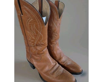 Bottes de cowboy vintage Justin pour homme, pointure 10,5 D, modèle 1632, en cuir marron caramel, fabriquées aux États-Unis.