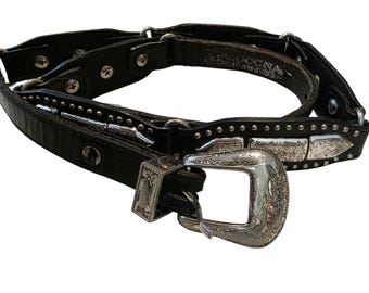 Vintage Nocona Black Leather Concho Belt Silver Studded Western Boho Sz 34