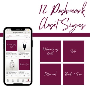 Könnte beinhalten: Ein Screenshot eines Mobiltelefons, der einen Bildschirm der Poshmark-App mit einem Raster von 6 Quadraten zeigt. Jedes Quadrat hat einen anderen Textüberlagerung auf einem burgunderfarbenen Hintergrund. Der Text beinhaltet "Willkommen in meinem Kleiderschrank!" "Verkauf" "Paket und sparen" und "Folge mir!"