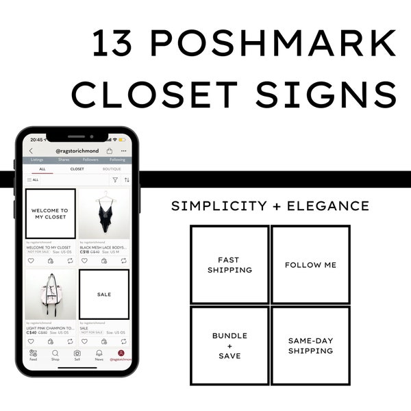 Poshmark closet signs, black and white design, ready to post, 13 Poshmark closet signs, PNG images for resellers
