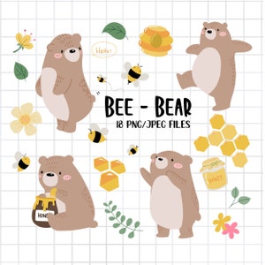 Bear and Honey Bee Clipart, sweet honey, cute bear clipart ,Honey bee elements, PNG Download,  printable digital clipart set, commercial use