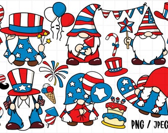 Clipart Gnomi del 4 luglio, Clipart Divertente USA, Clipart Gnome del Giorno dell'Indipendenza, Clipart del 4 luglio, Download PNG, set di clipart digitali