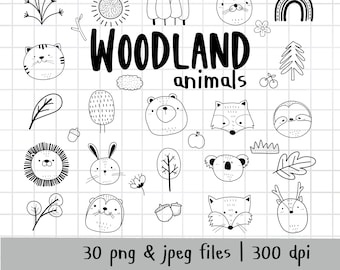 Woodland Animal face Clipart, Forest Animal, Wild Cute animal, outline Doodle, PNG Download/ printable digital clipart set / commercial use