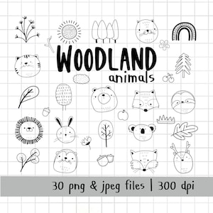 Woodland Animal face Clipart, Forest Animal, Wild Cute animal, outline Doodle, PNG Download/ printable digital clipart set / commercial use