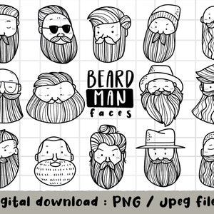 Könnte beinhalten: Ein Satz von 12 Schwarzweiß-Zeichnungen von bärtigen Männergesichtern. Die Gesichter haben verschiedene Frisuren, Gesichtsausdrücke und Bartstile. Der Text "BEARD MAN faces" befindet sich in der Mitte des Bildes.