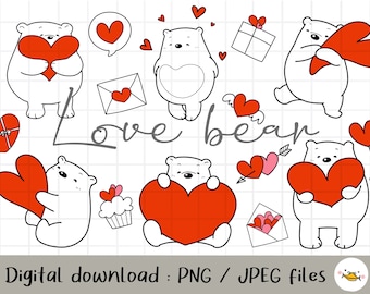 Love Bear Clipart, Valentine's day teddy bear, teddy bear clipart, love clipart, Heart Clipart, printable digital download, commercial use