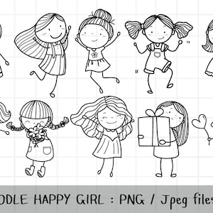 Happy Girl Clipart, Doodle Girl, cute Girl, friend clipart, outline Doodle, PNG Download, printable digital clipart set, commercial use