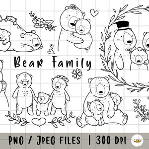 Bärenfamilie Clipart, süße Bären, Papa & Mama, Waldtier, Umriss Doodle, PNG Download / druckbare digitale Clipart-Set / kommerzielle Nutzung