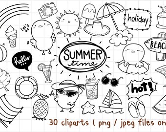 Entlein Sommer Clipart, Sommer Strand, Strand Urlaub, Umriss Doodle, PNG Download / druckbare digitale Clipart-Set / kommerzielle Nutzung