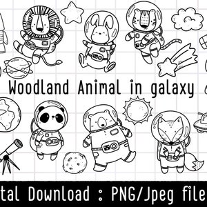 Animali del bosco in clipart dello spazio esterno, ClipArt di animali carini, disegno Galaxy Doodle, lineart, disegnato a mano, set di clipart, download digitale