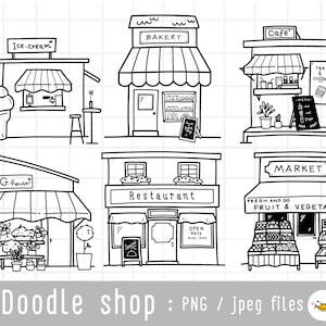 Cute Doodle Shop Clipart, hand drawn vintage shop, bakery shop, cafe clipart, outline doodle drawing, PNG Download, commercial use