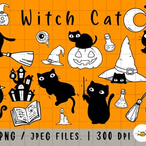Witch Cat Clipart, Halloween Clipart, Pumpkin png, Horror Kitty, outline Doodle, PNG Download, printable digital clipart set, commercial use