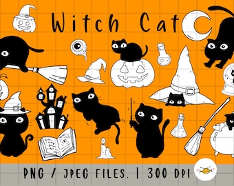Witch Cat Clipart, Halloween Clipart, Pumpkin png, Horror Kitty, outline Doodle, PNG Download, printable digital clipart set, commercial use