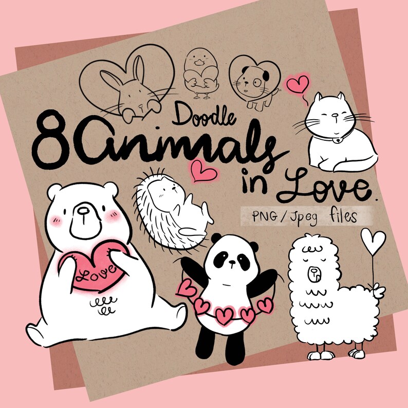 Animal in Love Hand Draw Clipart / Cute Animal Bear Rabbit Cat Etsy