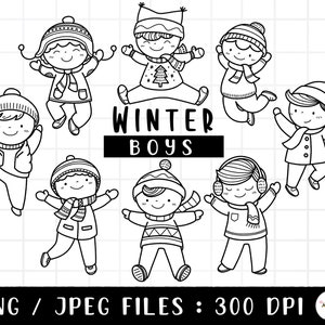 Winter Boys Clipart, Boys in sweater PNG, Doodle Boys, Winter is coming, outline Doodle, PNG Download, printable digital clipart set