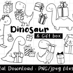Dinosaure et coffret cadeau Clipart, cadeau de Noël, cadeau d'anniversaire, coffrets cadeaux dessinés à la main, contour Doodle, Clipart Png transparent