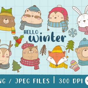 Puede incluir: Un conjunto de 10 ilustraciones de dibujos animados de temática invernal con animales, un muñeco de nieve y un copo de nieve. Las ilustraciones están en un estilo lindo y caprichoso y son perfectas para usar en proyectos digitales o impresos. Las ilustraciones incluyen un mapache, un oso, un zorro, un ciervo, un erizo, un conejito y un muñeco de nieve.
